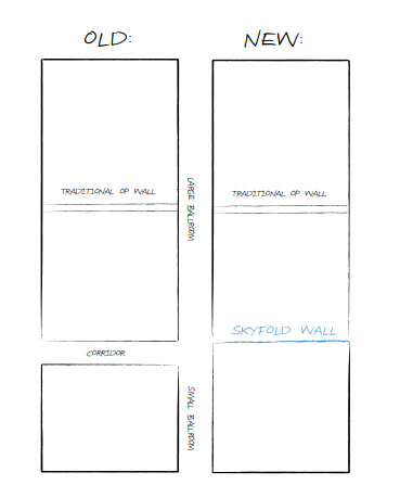 Sketches of the ballroom floor plan before and after the renovation