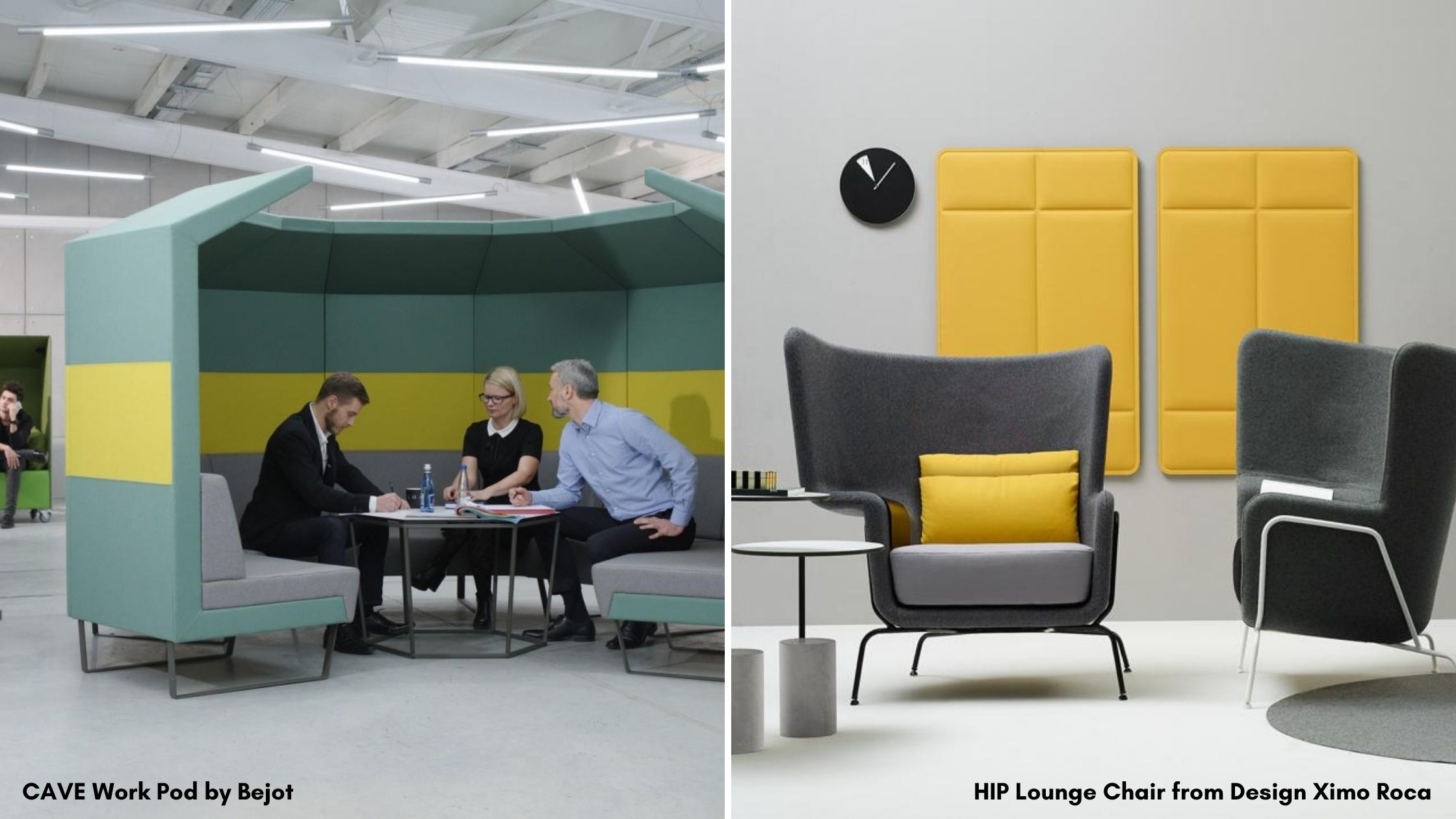 Multi-colour acoustic office caves and lounge chairs in an office workspace